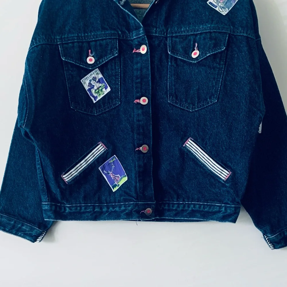 Vintage OshKosh Denim Jacket Stripe Collar Patchwork Size 12 Dark Blue Granola